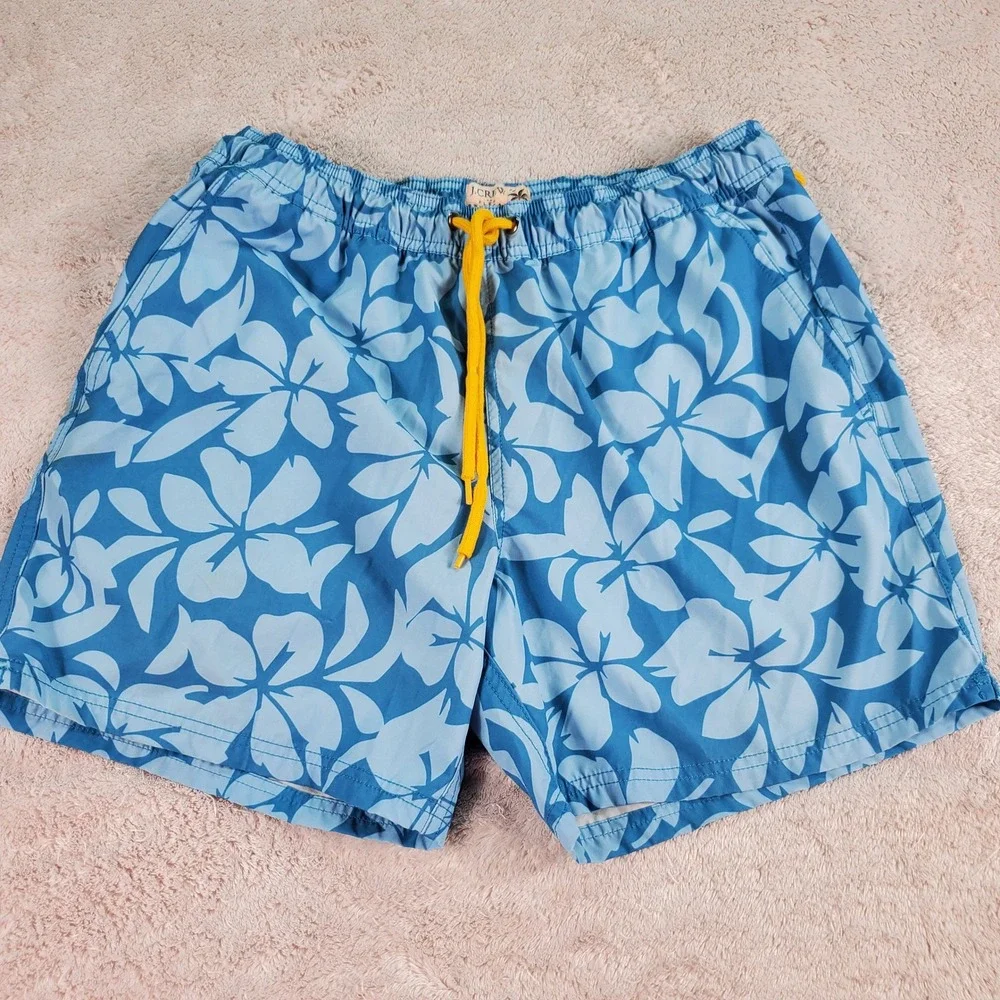 J.Crew Flex Swim Trunks Mens Medium Blue Hibiscus Floral Mesh Lined 5